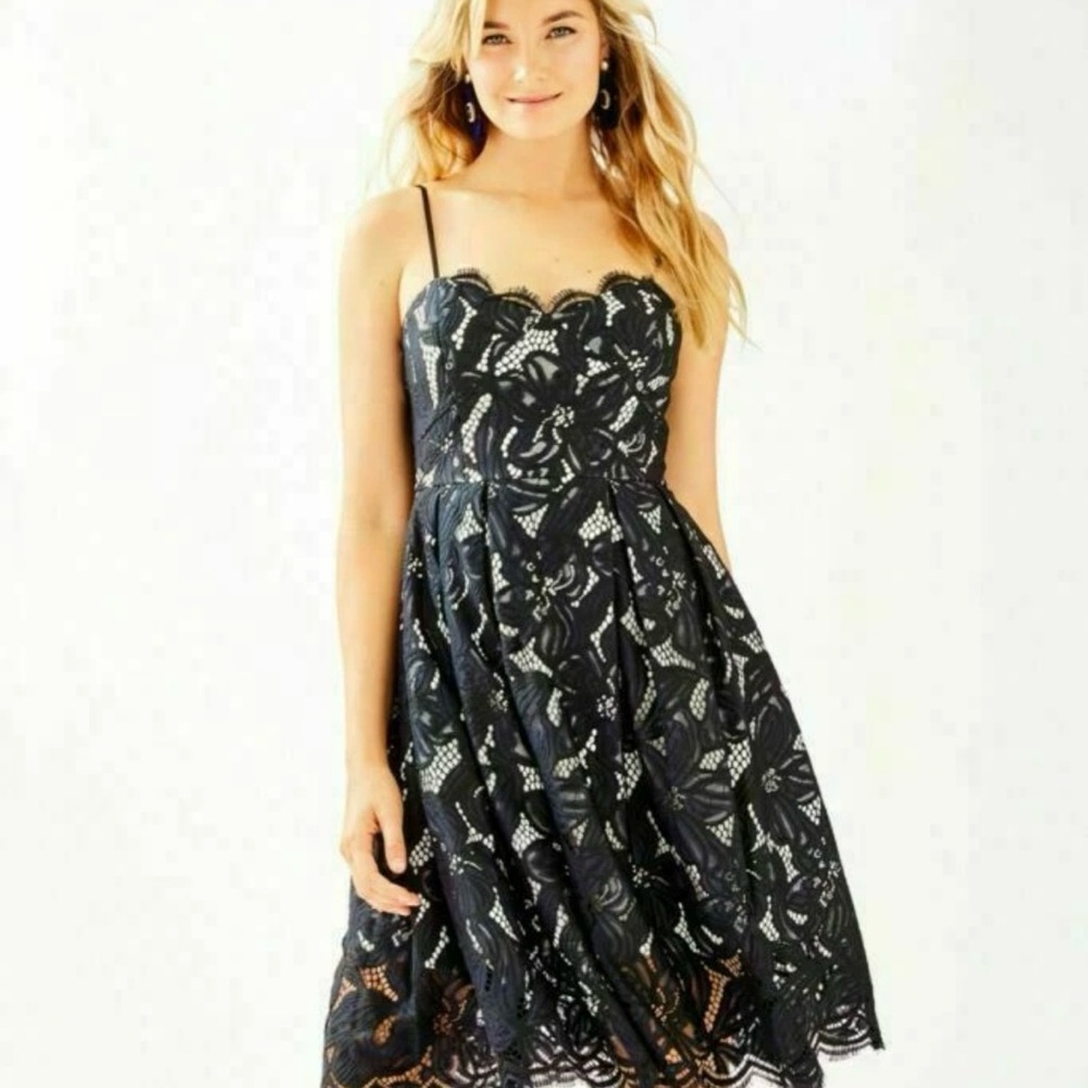 Lilly Pulitzer Camella Ivory Onyx Black Dress Orchid Lace Flower Pin Size 8